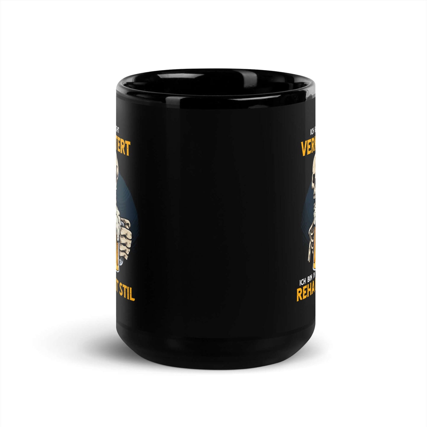 Ich bin nicht verkatert. Ich bin in Reha mit Stil – Black Glossy Mug with humorous design