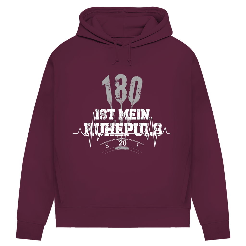 180 ist mein Ruhepuls Damen Premium Bio Hoodie in bordeaux mit auffälligem Dart-Statement und Herzschlag-Motiv.