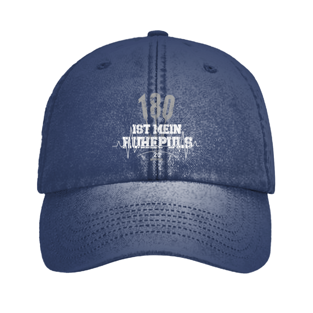 180 ist mein Ruhepuls Vintage Cap in navy blue with dart-themed design and heartbeat line.