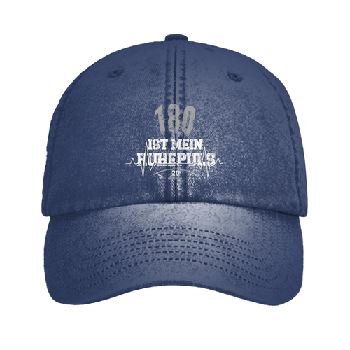 180 ist mein Ruhepuls Vintage Cap in navy blue with dart-themed design and heartbeat line.