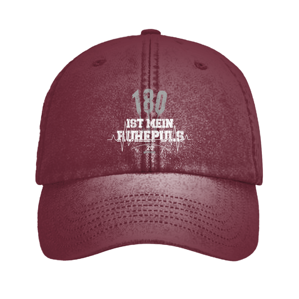 180 ist mein Ruhepuls Vintage Cap in burgundy with dart-themed design and heartbeat line.