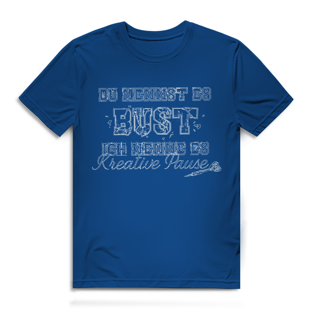 Du nennst es Bust Herren Premium Bio T-Shirt mit grungiger Typografie und Dart-Elementen in Blau.