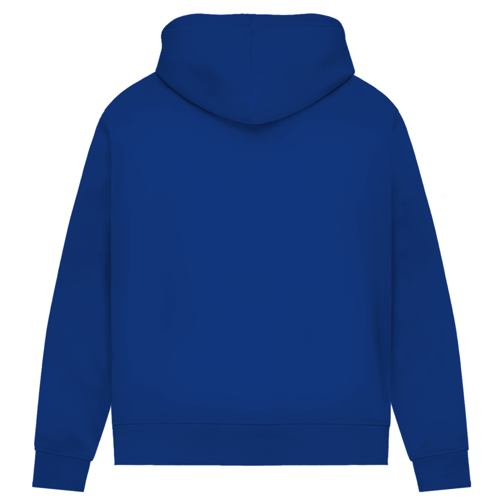 Du nennst es Bust Damen Premium Bio Hoodie - Rückansicht eines blauen Hoodies mit Kapuze, stylisch und modern.