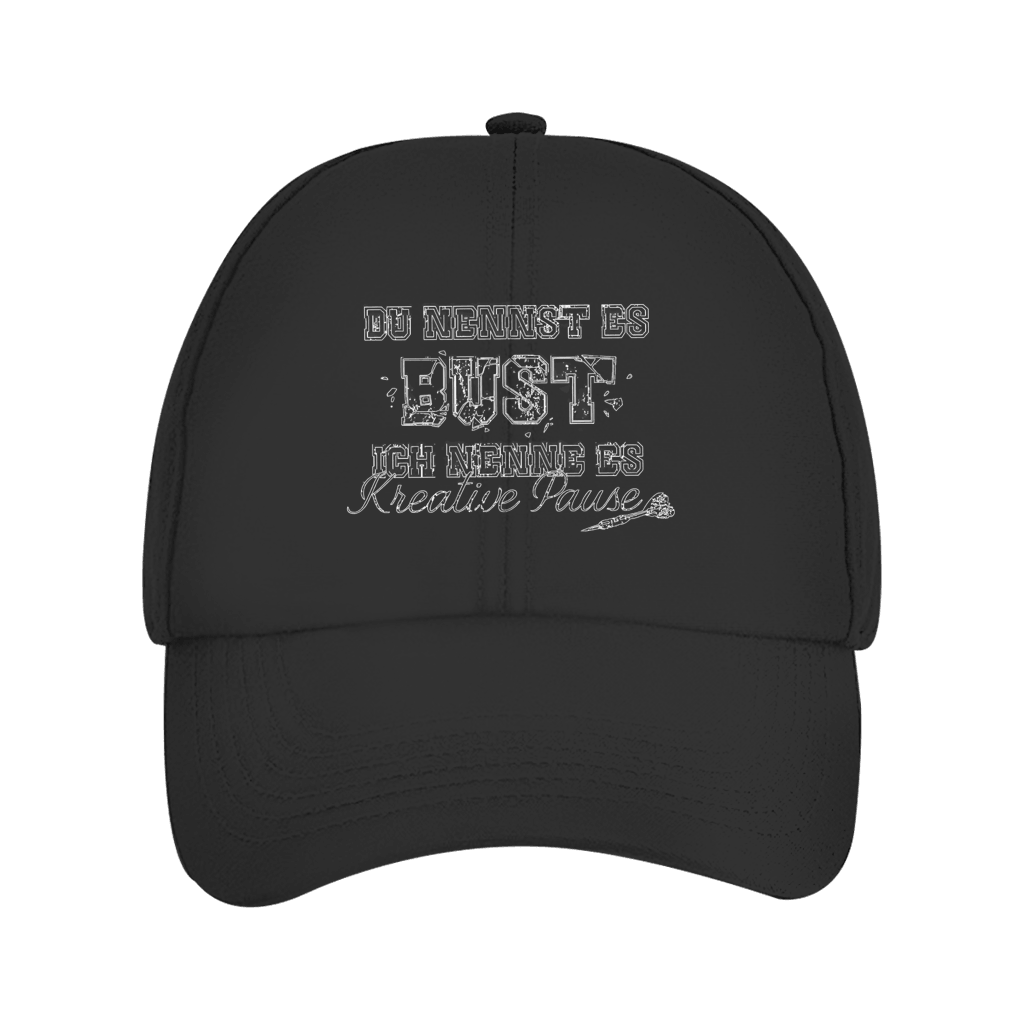 Du nennst es Bust Bio Cap mit humorvollem Design und grungiger Typografie in Schwarz.