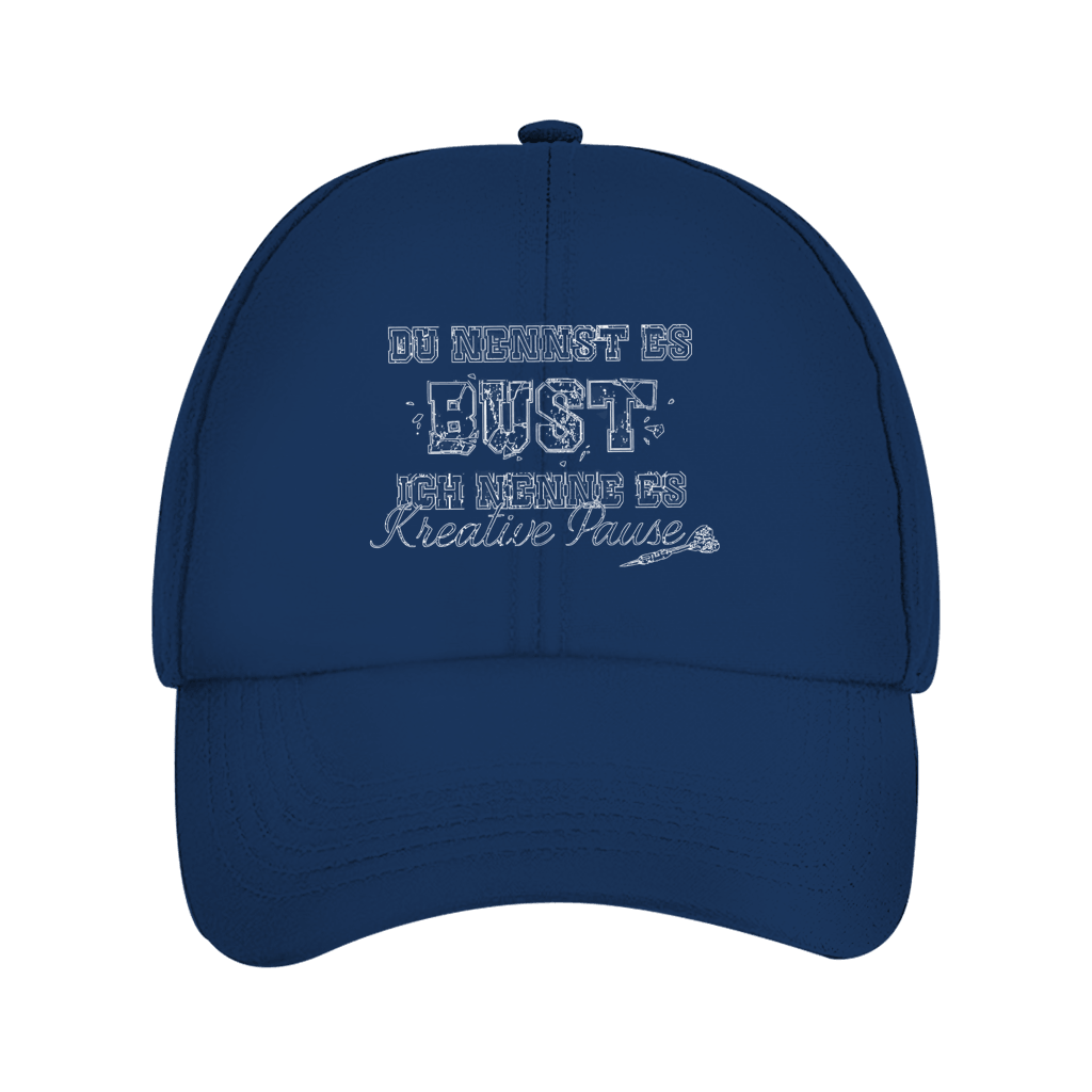 Du nennst es Bust Bio Cap in navy mit kreativem Dart-Humor-Design und grungiger Typografie.