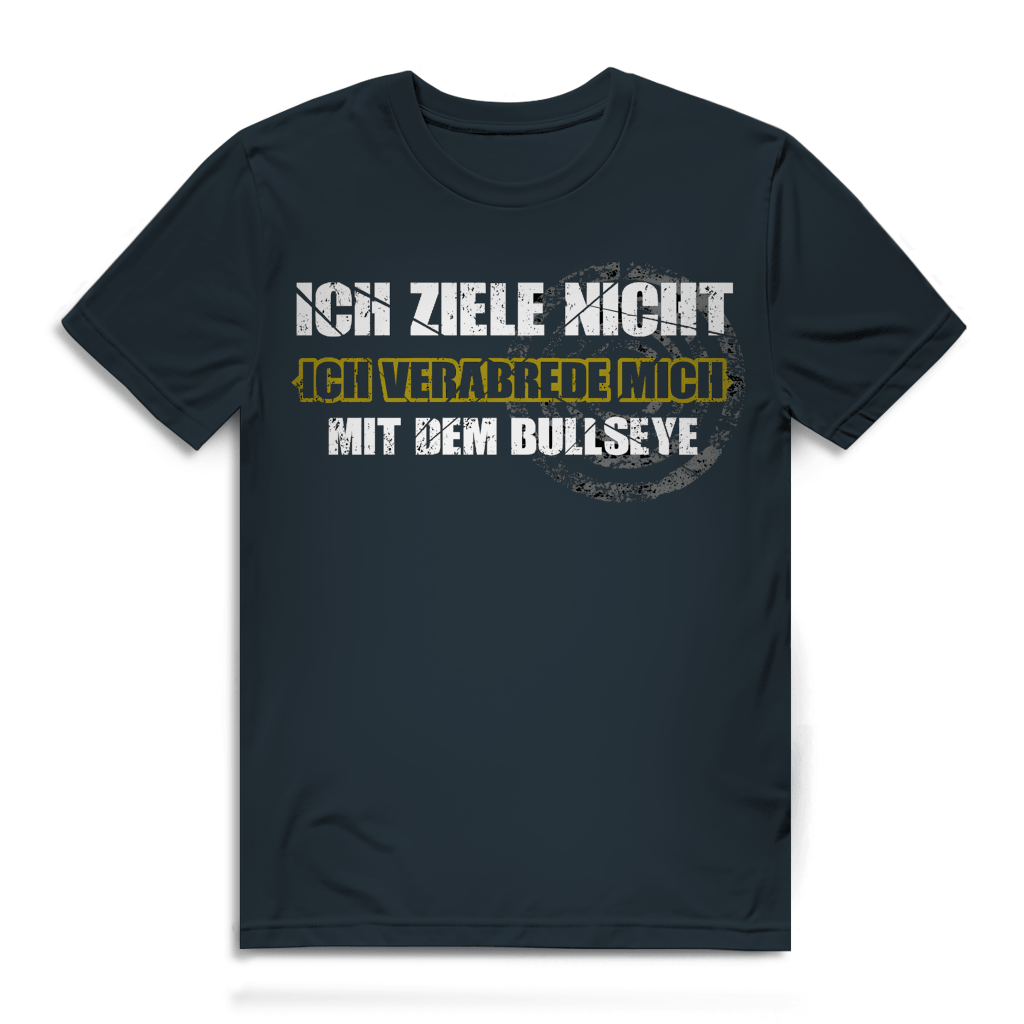 Ich ziele nicht Herren Premium Bio T-Shirt mit humorvollem Dart-Motiv und grungiger Typografie.