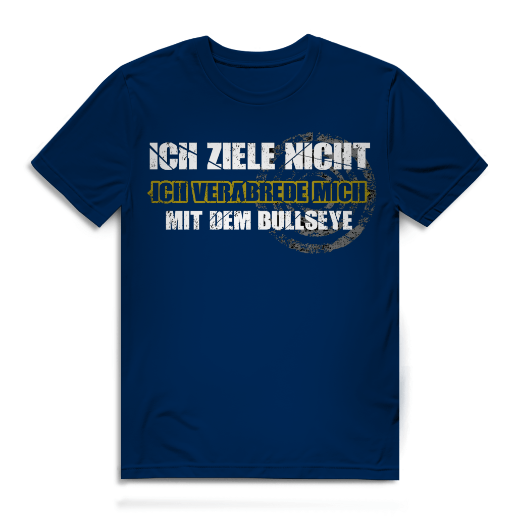 Ich ziele nicht Herren Premium Bio T-Shirt in blau mit Dart-Humor und markanter Typografie.