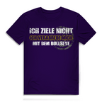Ich ziele nicht Herren Premium Bio T-Shirt mit grungigem Dart-Humor auf lila Hintergrund.