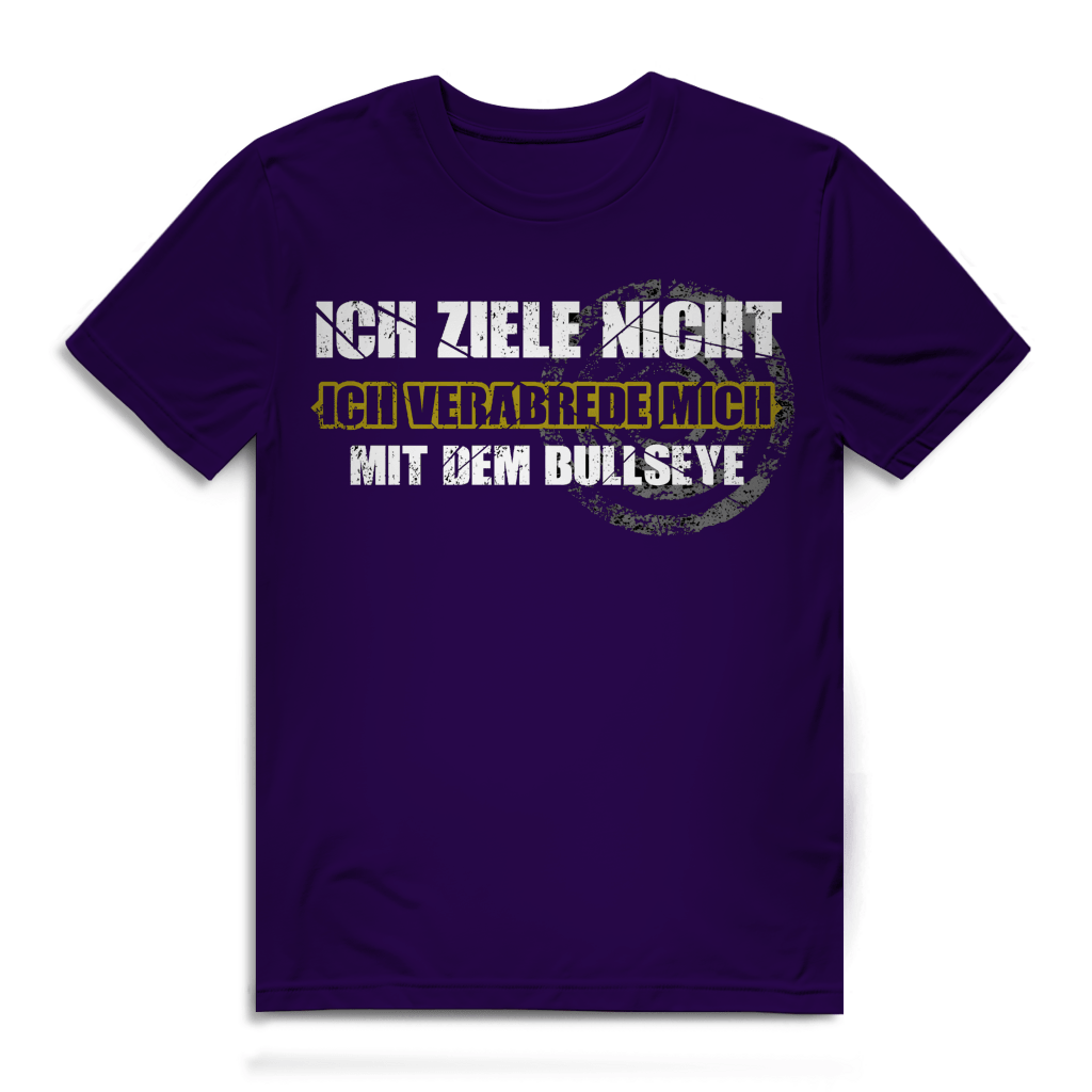 Ich ziele nicht Herren Premium Bio T-Shirt mit grungigem Dart-Humor auf lila Hintergrund.