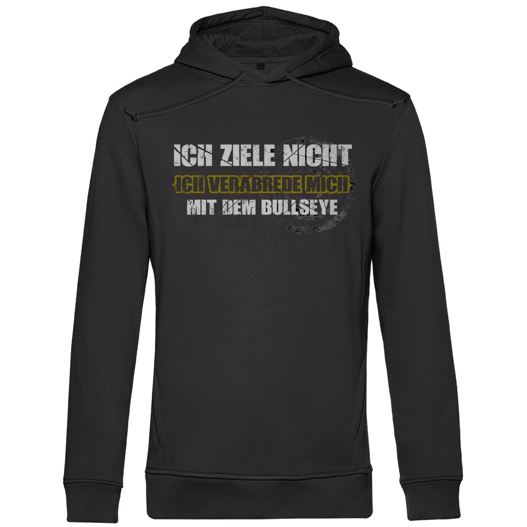 Ich ziele nicht Herren Premium Bio Hoodie mit Dart-Humor in schwarzem Design.