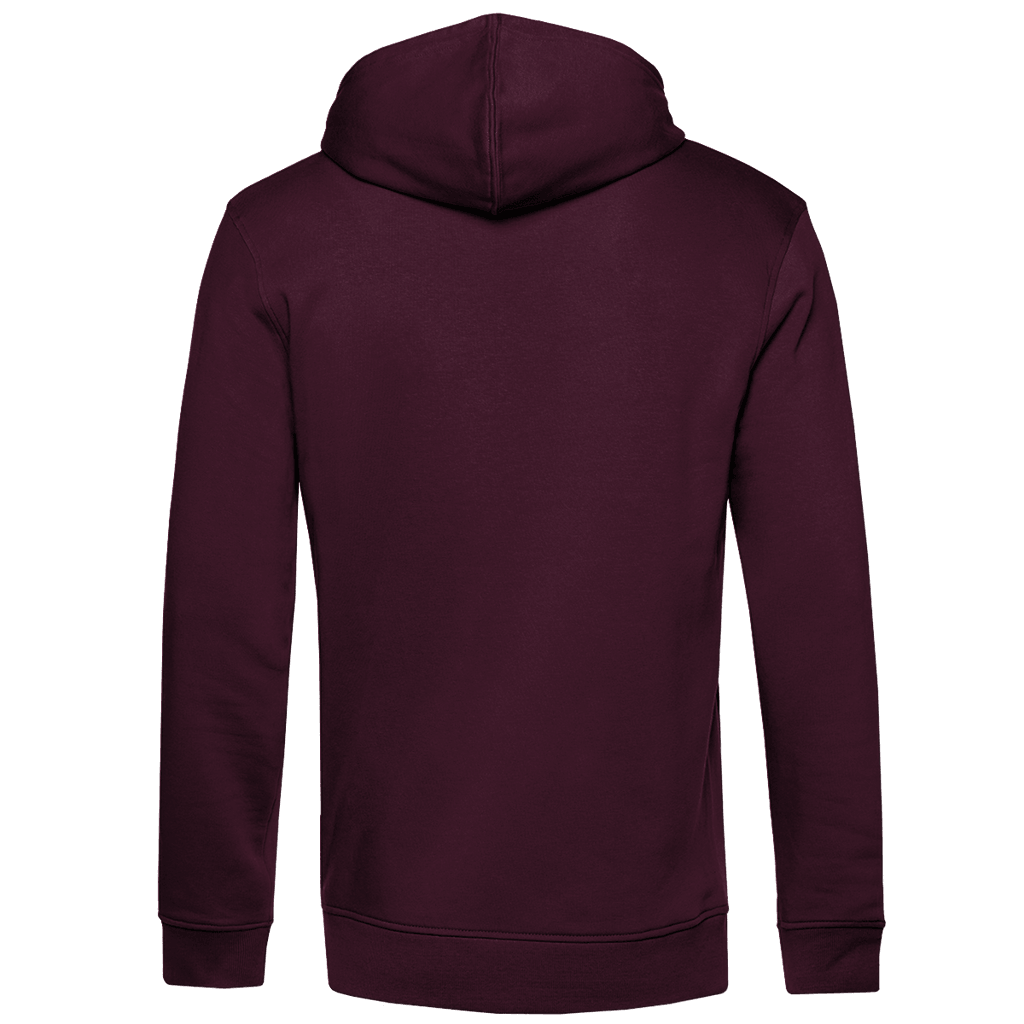 Ich ziele nicht Herren Premium Bio Hoodie in bordeauxfarbener Rückansicht, ideal für Dart-Fans mit Stil.