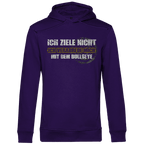 Ich ziele nicht Herren Premium Bio Hoodie mit Aufschrift und grungigem Design in lila.