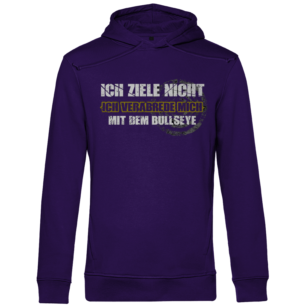 Ich ziele nicht Herren Premium Bio Hoodie mit Aufschrift und grungigem Design in lila.
