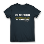 Ich ziele nicht Damen Premium Bio T-Shirt mit auffälligem Dart-Humor-Design in dunkelblau.