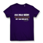 Ich ziele nicht Damen Premium Bio T-Shirt in lila mit frechem Dart-Motiv und sarkastischer Aufschrift.