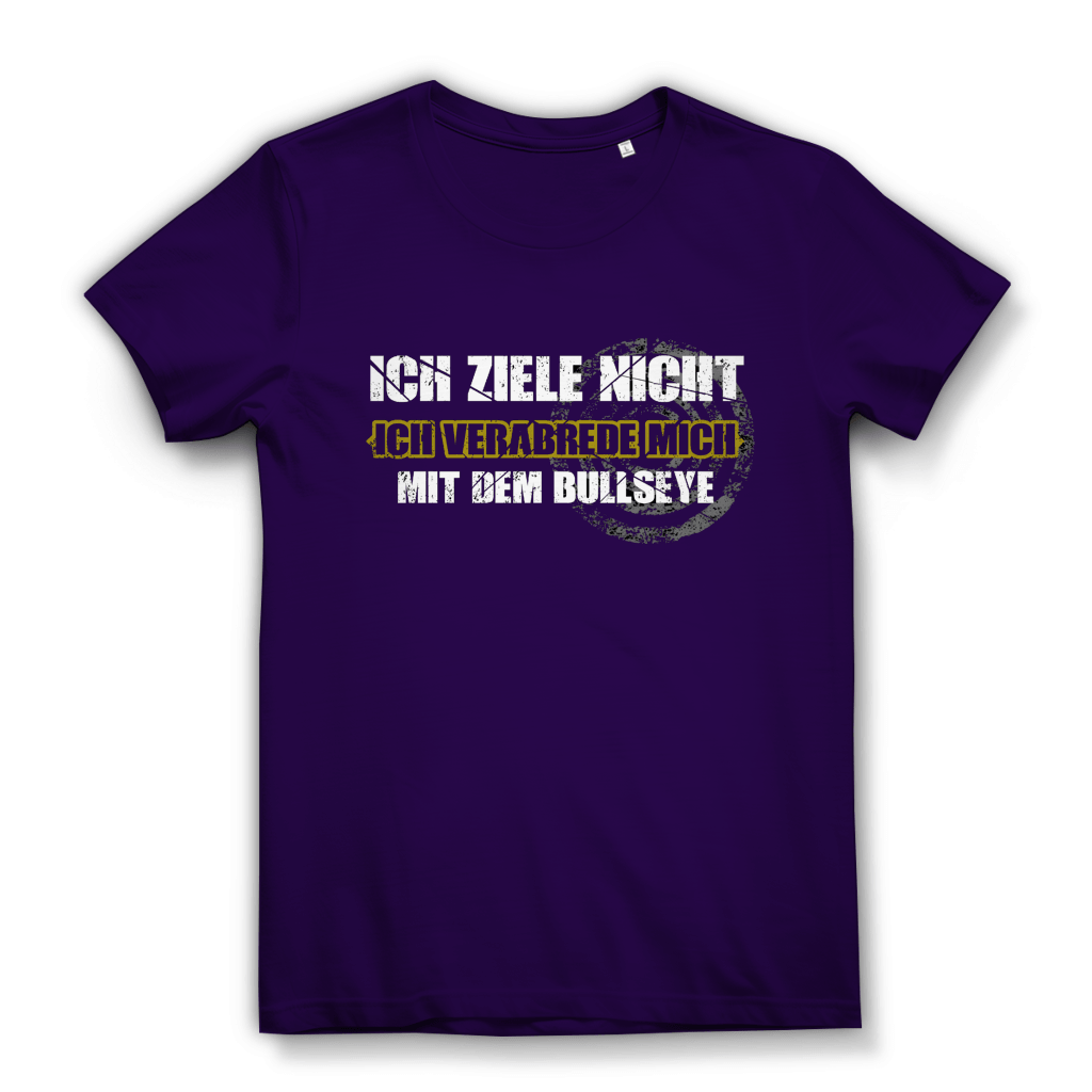 Ich ziele nicht Damen Premium Bio T-Shirt in lila mit frechem Dart-Motiv und sarkastischer Aufschrift.