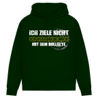 Ich ziele nicht Damen Premium Bio Hoodie mit grafischem Dart-Motiv auf grünem Hintergrund.