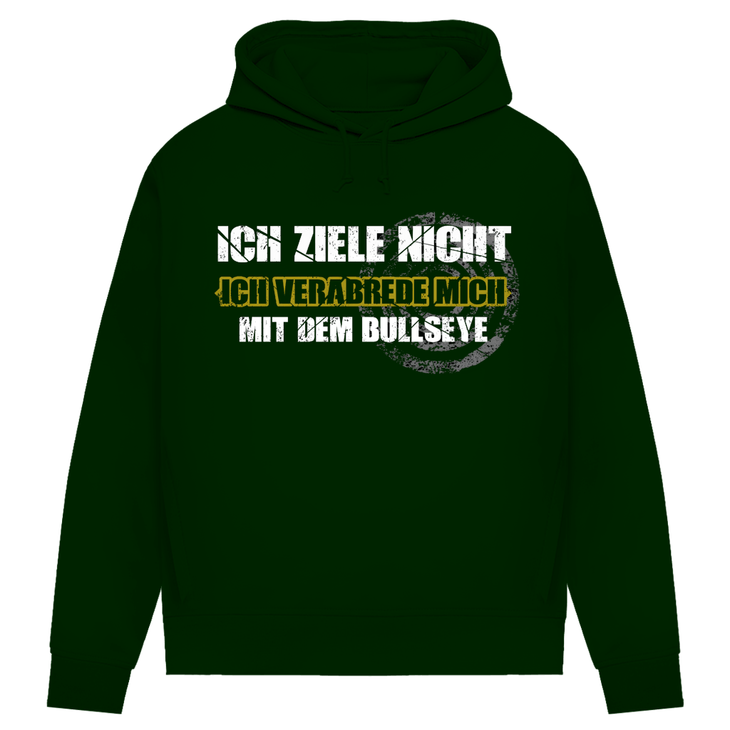 Ich ziele nicht Damen Premium Bio Hoodie mit grafischem Dart-Motiv auf grünem Hintergrund.