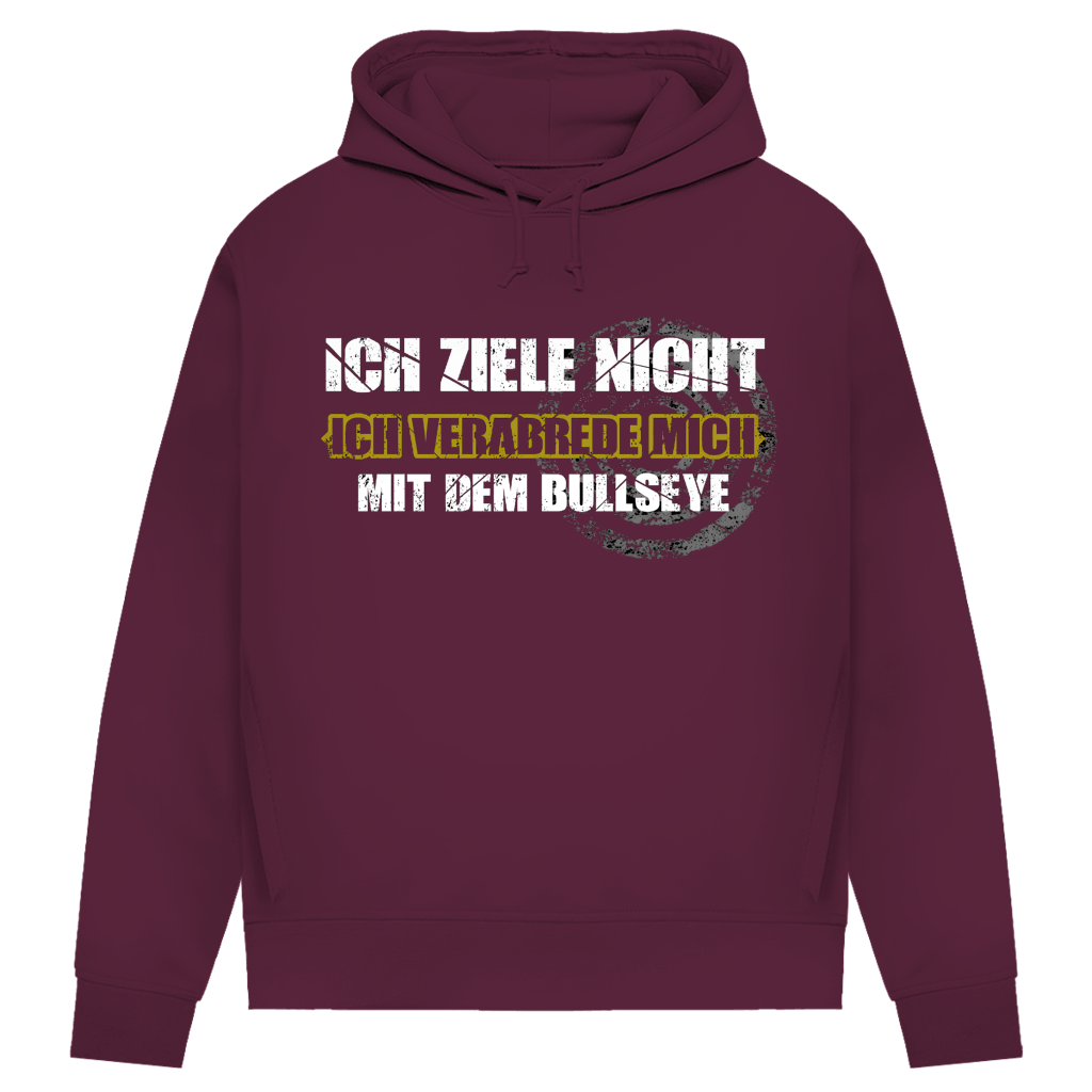 Ich ziele nicht Damen Premium Bio Hoodie mit frechem Dart-Humor und stilvollem Design in Bordeauxrot.