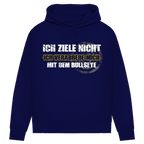 Ich ziele nicht Damen Premium Bio Hoodie mit aufgedrucktem Dart-Spruch auf dunkelblauem Hintergrund.