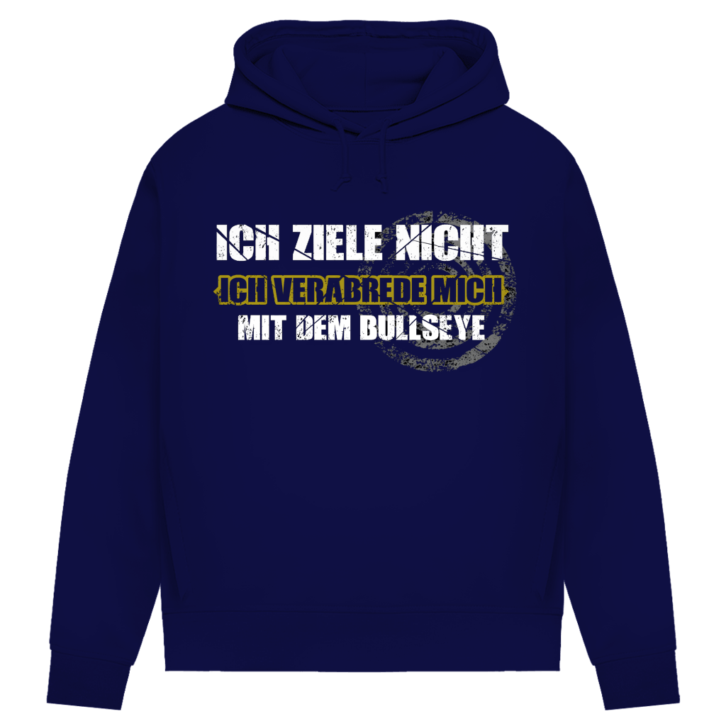 Ich ziele nicht Damen Premium Bio Hoodie mit aufgedrucktem Dart-Spruch auf dunkelblauem Hintergrund.