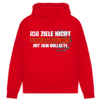 Ich ziele nicht Damen Premium Bio Hoodie in rot mit auffälligem Dart-Motiv und sarkastischem Spruch.