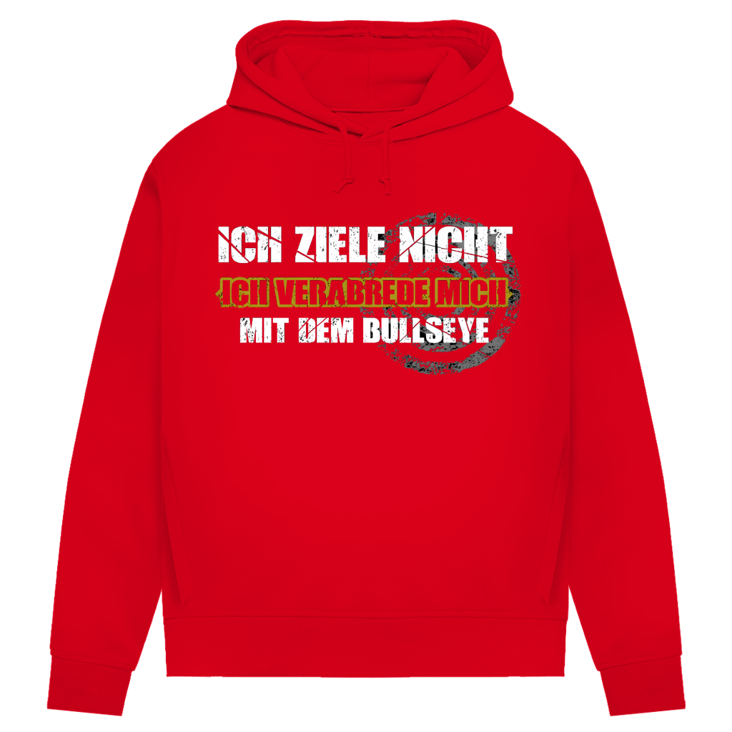 Ich ziele nicht Damen Premium Bio Hoodie in rot mit auffälligem Dart-Motiv und sarkastischem Spruch.