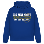 Ich ziele nicht Damen Premium Bio Hoodie in blauer Farbe mit frechem Dart-Motiv.
