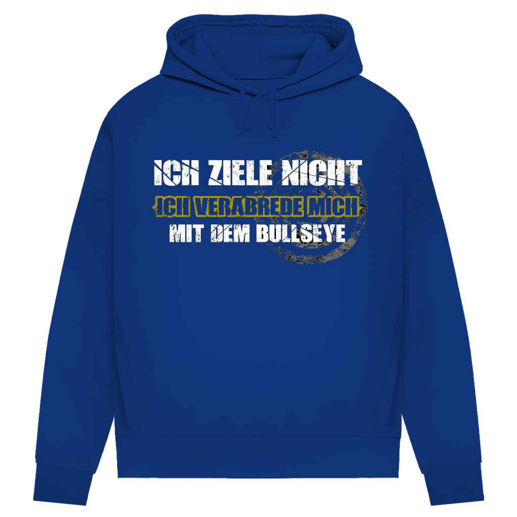 Ich ziele nicht Damen Premium Bio Hoodie in blauer Farbe mit frechem Dart-Motiv.