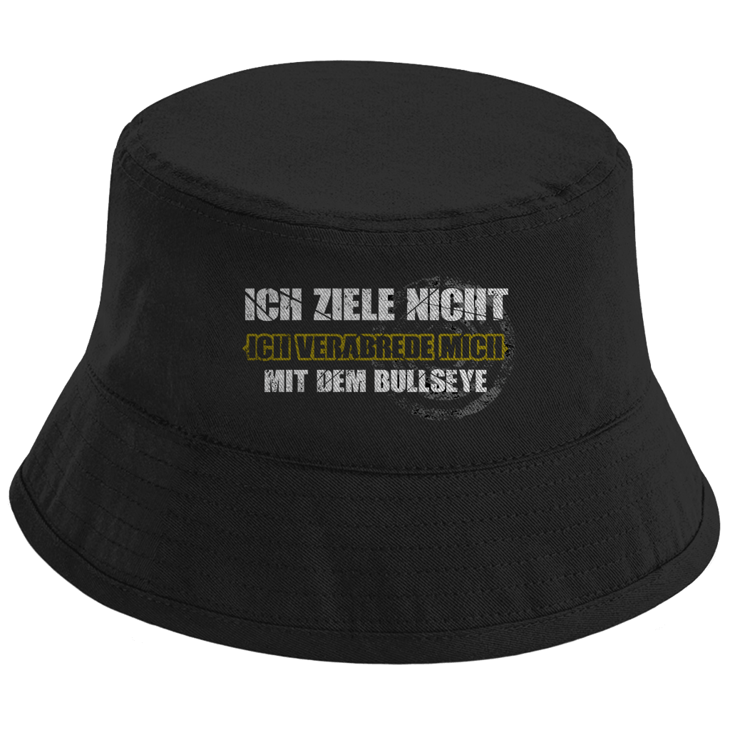 Ich ziele nicht Bio Sonnenhut mit humorvollem Dart-Motiv und grungiger Typografie, unisex und lässig.