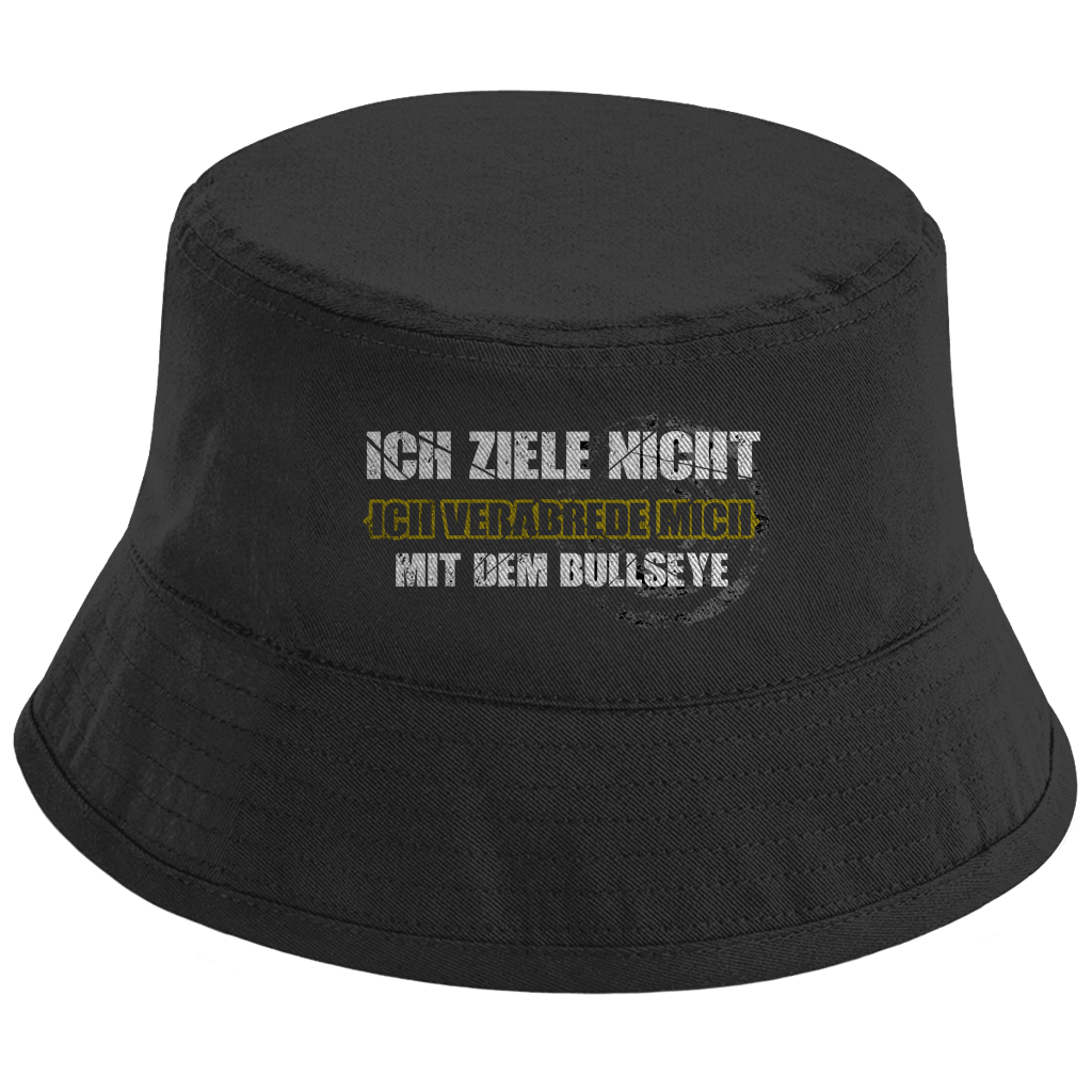 Ich ziele nicht Bio Sonnenhut mit frechem Dart-Humor und markanter Typografie auf schwarzem Hintergrund.