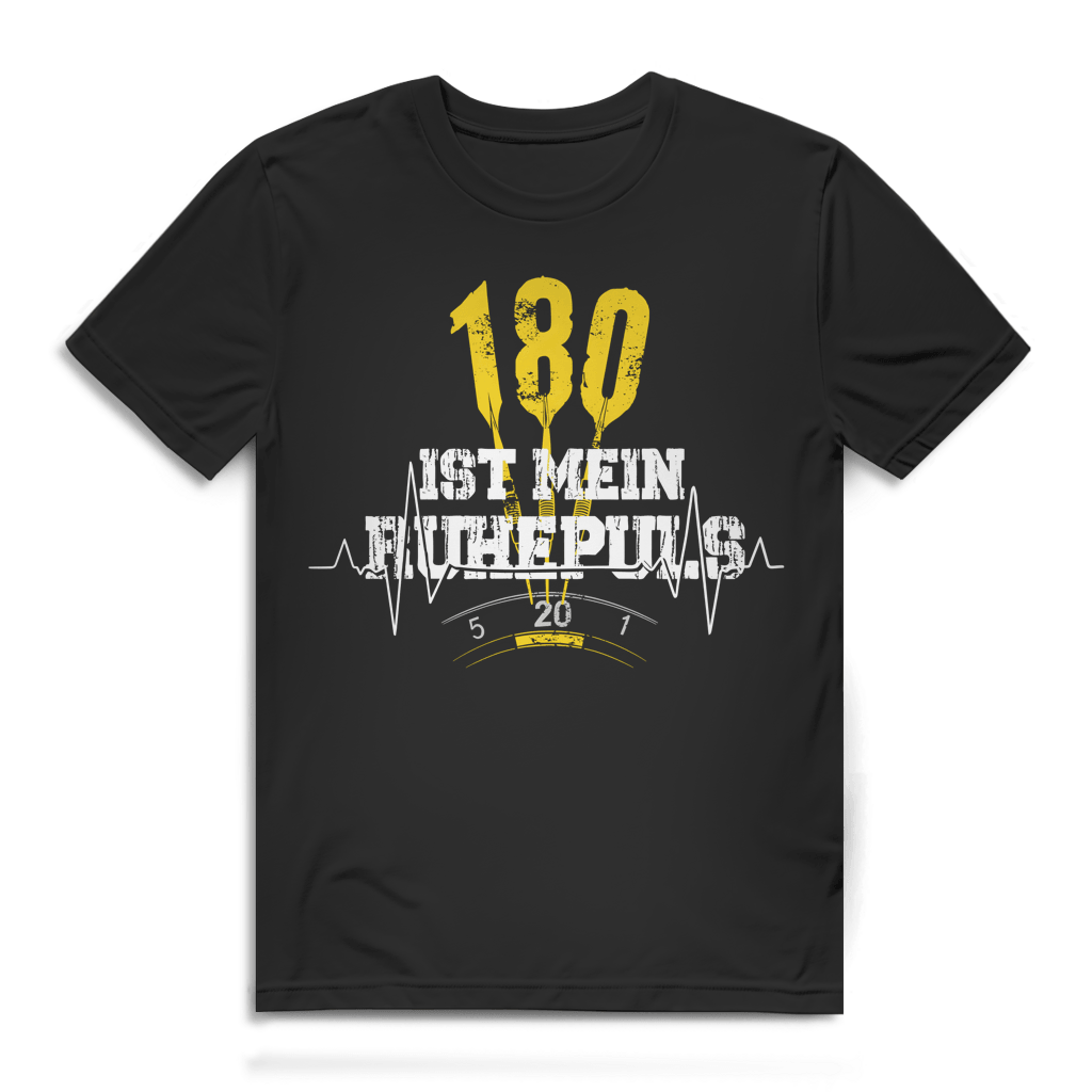 180 ist mein Ruhepuls Herren Premium Bio T-Shirt mit auffälligem Design und gelben Dartpfeilen.