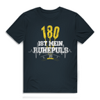 180 ist mein Ruhepuls Herren Premium Bio T-Shirt mit gelben Dartpfeilen und Herzschlag-Motiv.