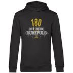 180 ist mein Ruhepuls Herren Premium Bio Hoodie mit sportlichem Design und Dart-Motiv auf schwarzem Hintergrund.