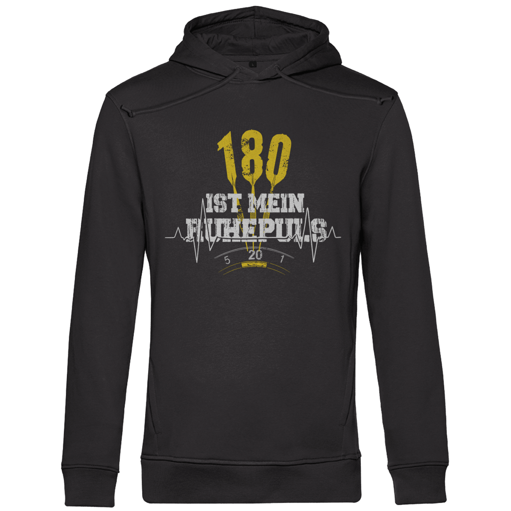 180 ist mein Ruhepuls Herren Premium Bio Hoodie mit sportlichem Design und Dart-Motiv auf schwarzem Hintergrund.
