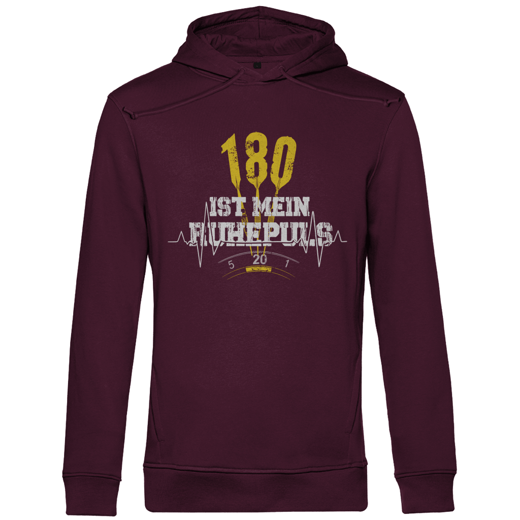 180 ist mein Ruhepuls Herren Premium Bio Hoodie in burgund mit Dart-Motiv und Herzschlag-Linie.