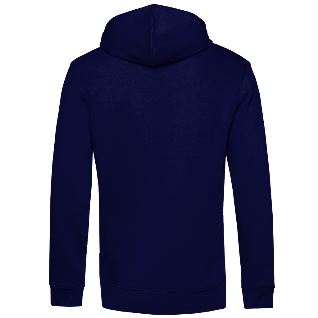 180 ist mein Ruhepuls Herren Premium Bio Hoodie - Rückansicht in navyblauem Farbton.