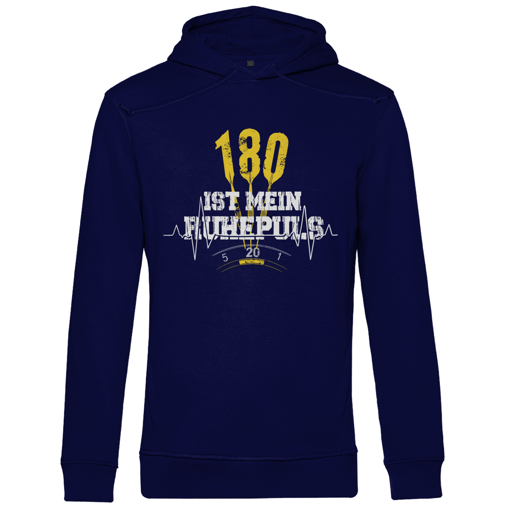 180 ist mein Ruhepuls Herren Premium Bio Hoodie in dunkelblau mit auffälligem Motiv und Dartsymbolen.