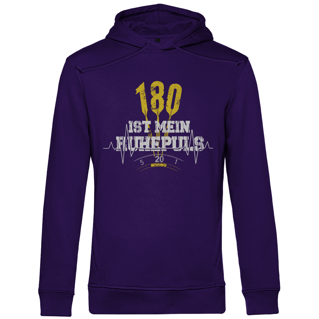 180 ist mein Ruhepuls Herren Premium Bio Hoodie in lila mit sportlichem Design und Dart-Motiv.