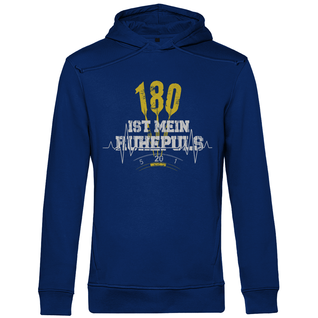 180 ist mein Ruhepuls Herren Premium Bio Hoodie in Blau mit auffälligem Dart-Motiv und Herzschlag-Design.