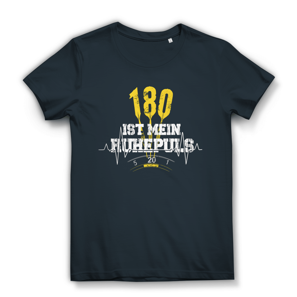 180 ist mein Ruhepuls Damen Premium Bio T-Shirt in navy blue with dart design and heartbeat graphic.