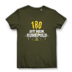 180 ist mein Ruhepuls Damen Premium Bio T-Shirt in olivgrün mit auffälligem Dart-Statement und Herzschlag-Linie.