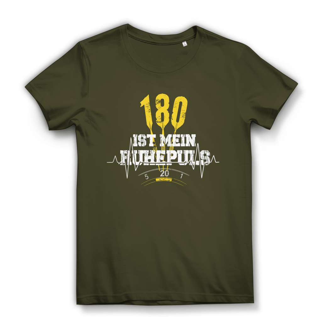 180 ist mein Ruhepuls Damen Premium Bio T-Shirt in olivgrün mit auffälligem Dart-Statement und Herzschlag-Linie.