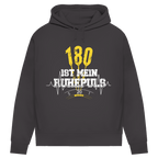 180 ist mein Ruhepuls Damen Premium Bio Hoodie mit gelben Dartpfeilen und Herzschlag-Motiv.