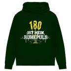 180 ist mein Ruhepuls Damen Premium Bio Hoodie mit Dartpfeilen und Herzschlag-Linie auf grünem Hintergrund.