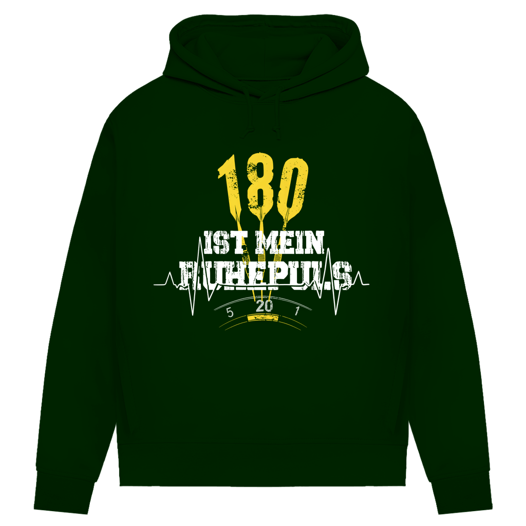 180 ist mein Ruhepuls Damen Premium Bio Hoodie mit Dartpfeilen und Herzschlag-Linie auf grünem Hintergrund.