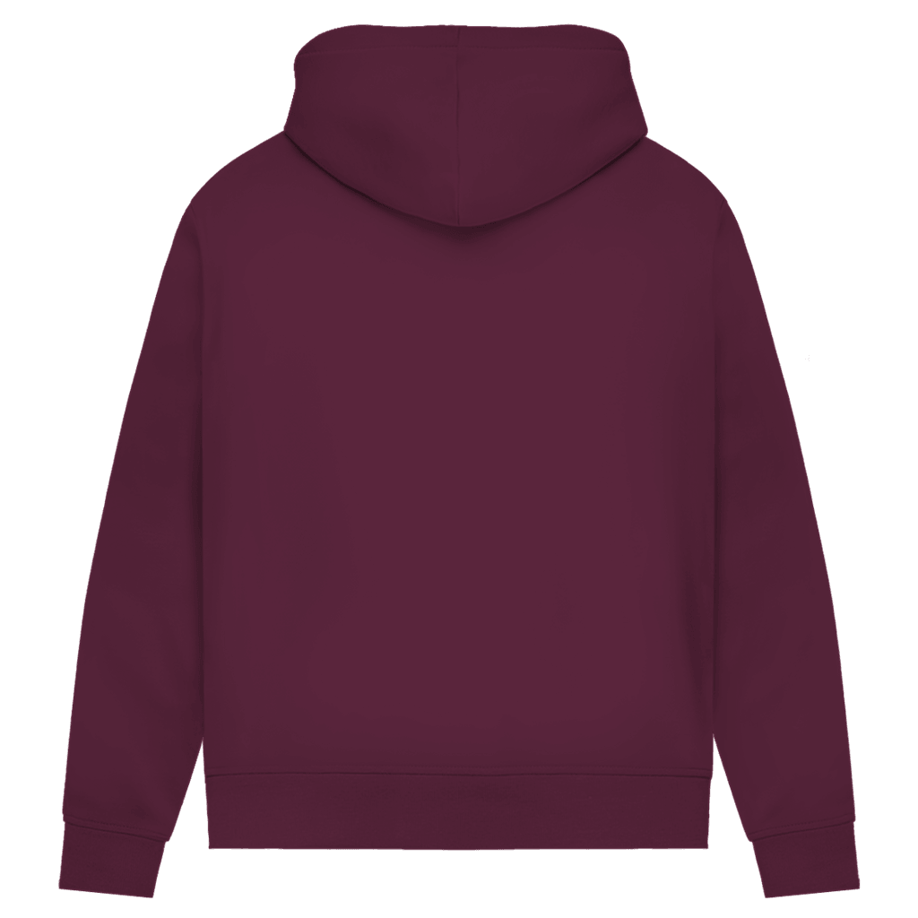 Rückansicht des 180 ist mein Ruhepuls Damen Premium Bio Hoodie in burgunderrot, ideal für Dart-Liebhaber.