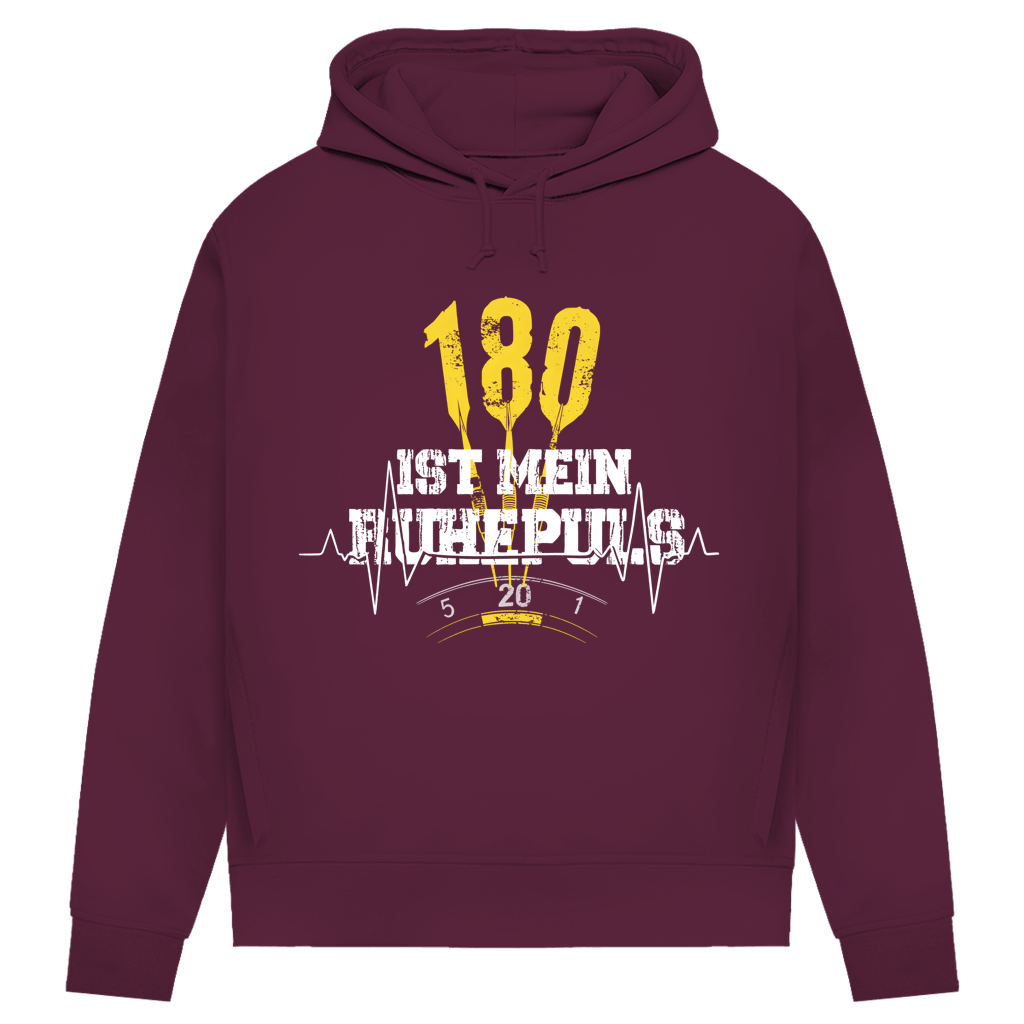 180 ist mein Ruhepuls Damen Premium Bio Hoodie mit Dartmotiv und Herzschlag-Design in bordeauxrot.