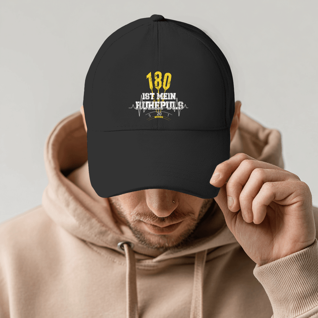 180 ist mein Ruhepuls Bio Cap – stylish black cap with humorous dart design and striking yellow lettering.