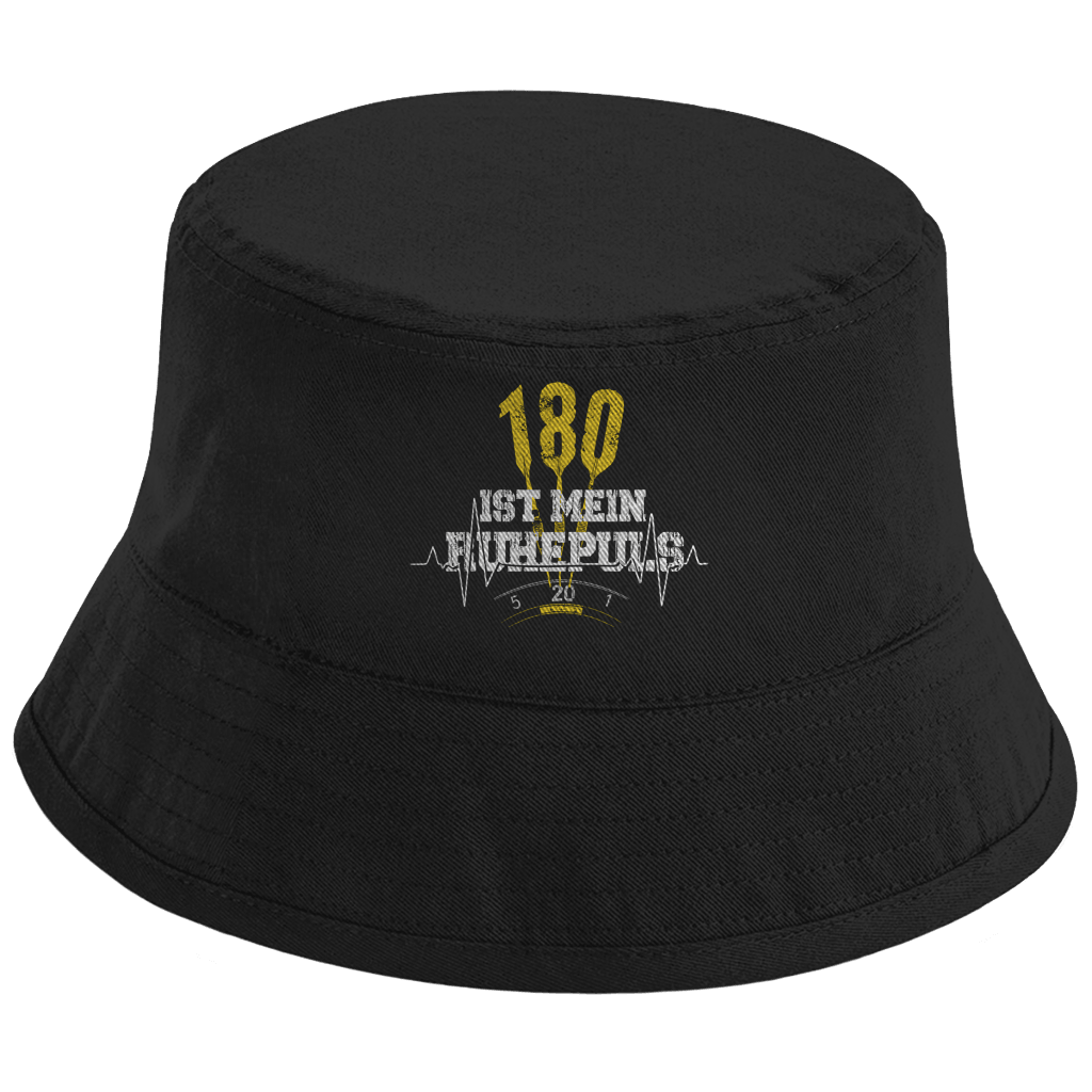 180 ist mein Ruhepuls Bio Bucket Hat mit Dart-Design, sportlicher Energie und humorvollem Statement.
